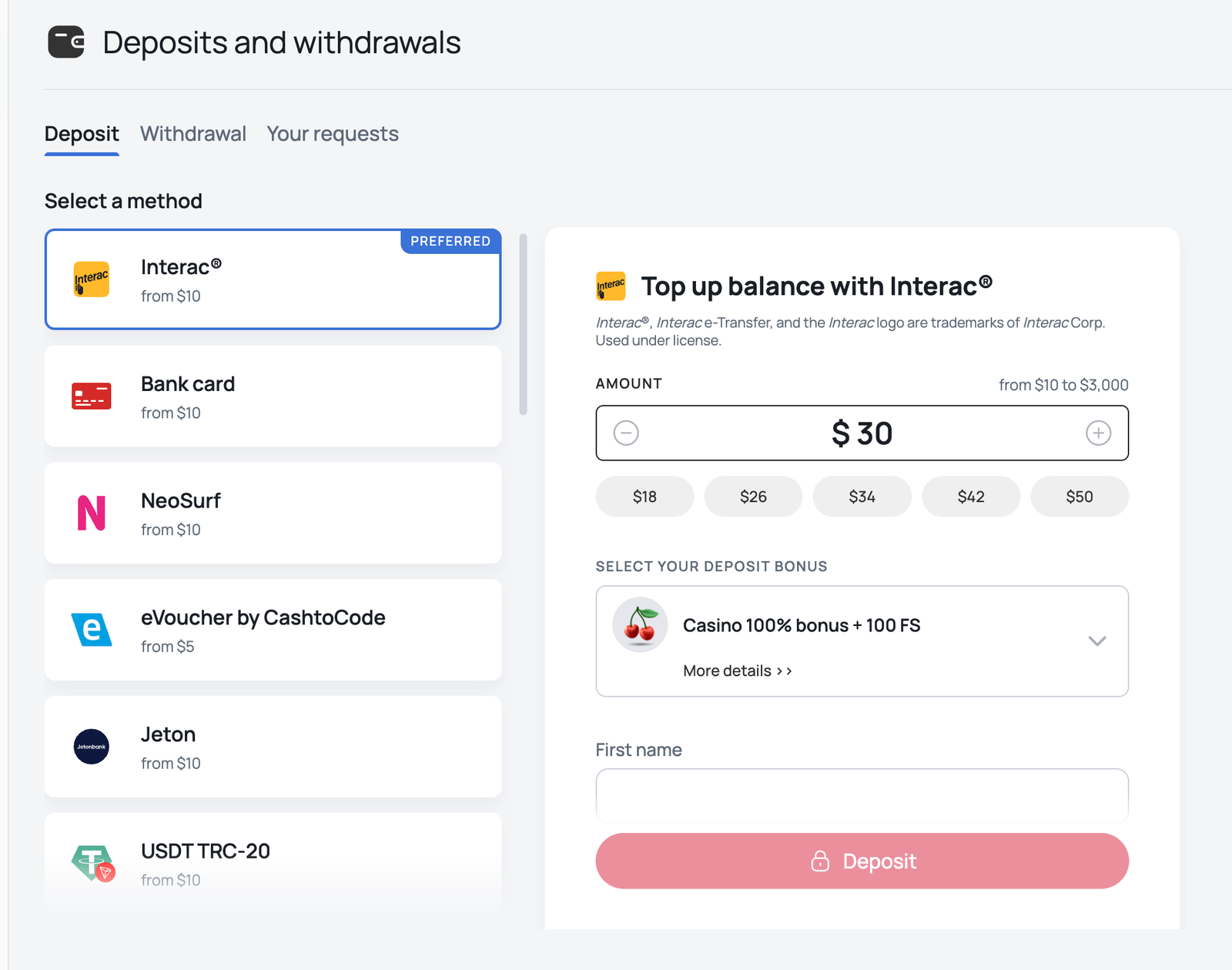 Batery deposits and withdrawals payment methods
